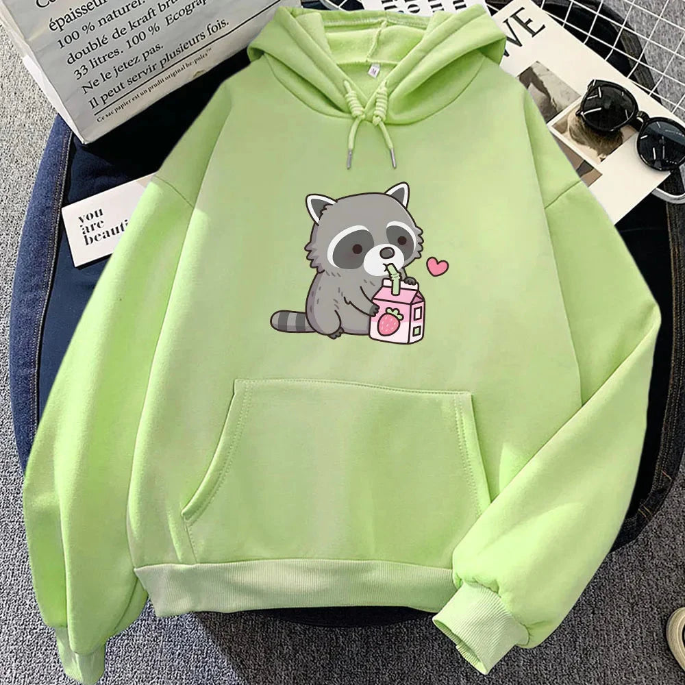 kawaiies-softtoys-plushies-kawaii-plush-Kawaii Raccoon Drinking Strawberry Milk Unisex Hoodie Apparel Light Green XS 
