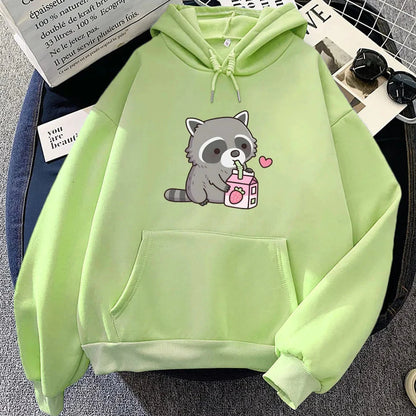 kawaiies-softtoys-plushies-kawaii-plush-Kawaii Raccoon Drinking Strawberry Milk Unisex Hoodie Apparel Light Green XS 