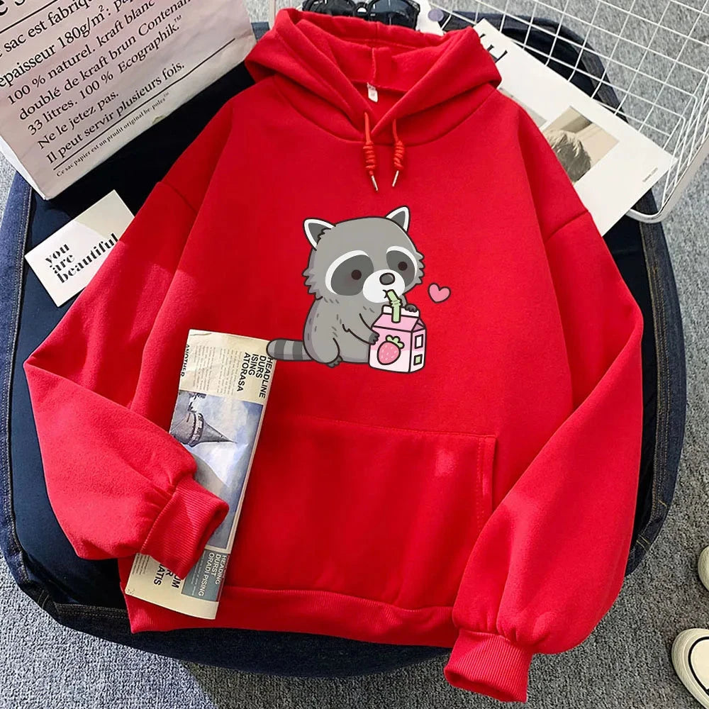 kawaiies-softtoys-plushies-kawaii-plush-Kawaii Raccoon Drinking Strawberry Milk Unisex Hoodie Apparel Red XS 