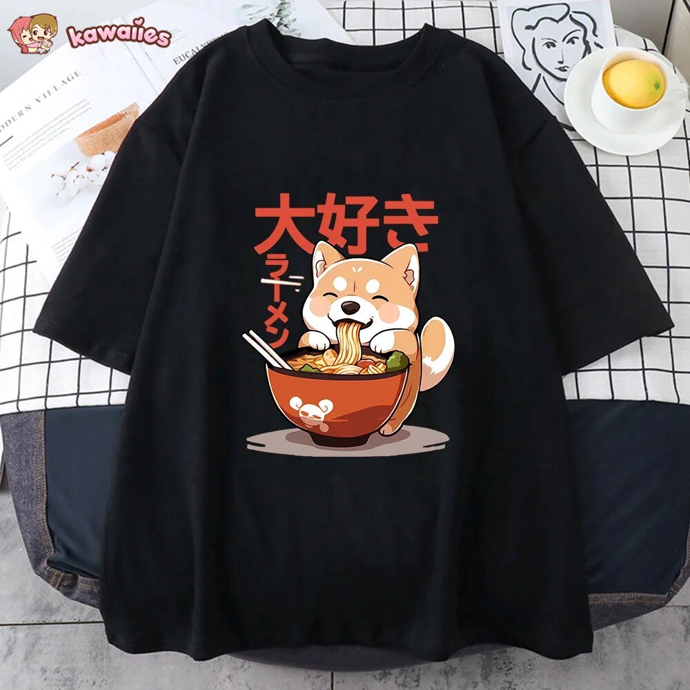 kawaiies-softtoys-plushies-kawaii-plush-Kawaii Shiba Inu Eating Ramen Unisex Tee Apparel 