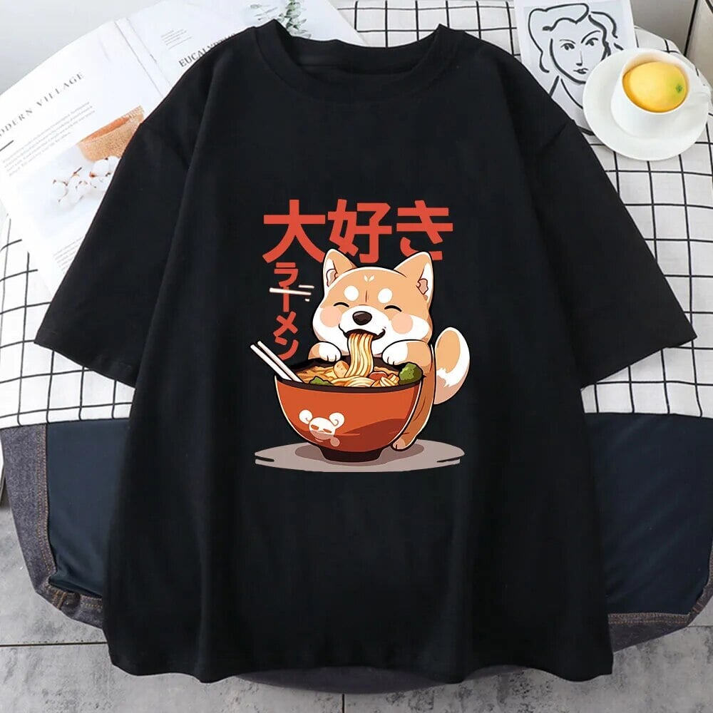 kawaiies-softtoys-plushies-kawaii-plush-Kawaii Shiba Inu Eating Ramen Unisex Tee Apparel Black XS 