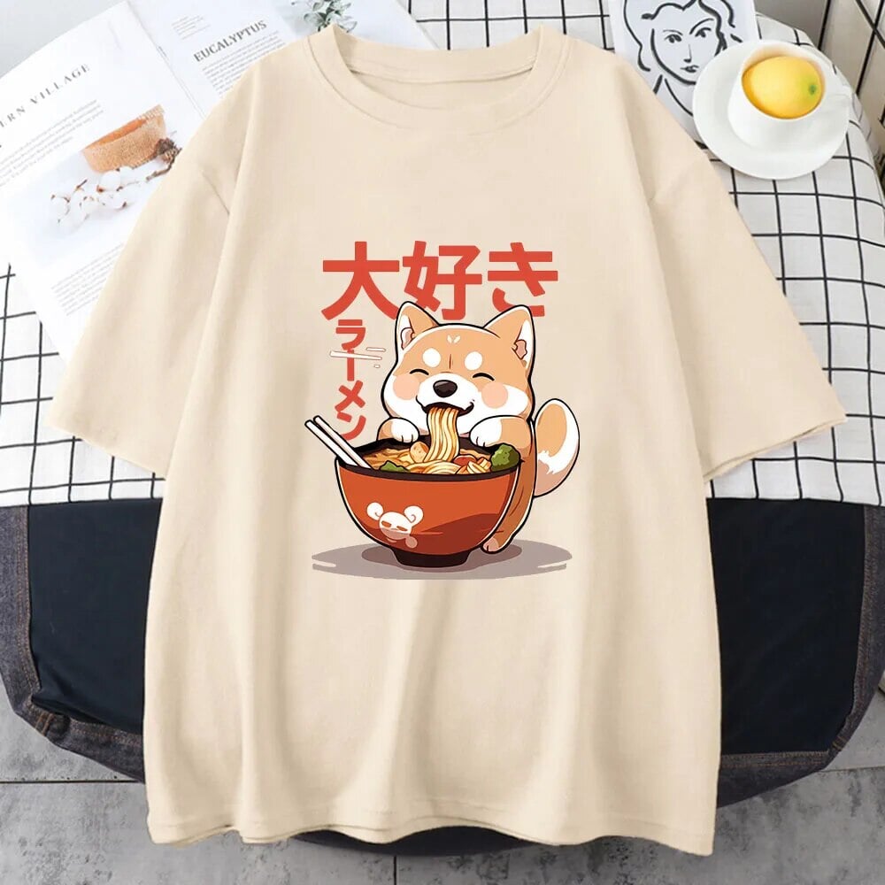 kawaiies-softtoys-plushies-kawaii-plush-Kawaii Shiba Inu Eating Ramen Unisex Tee Apparel Cream XS 