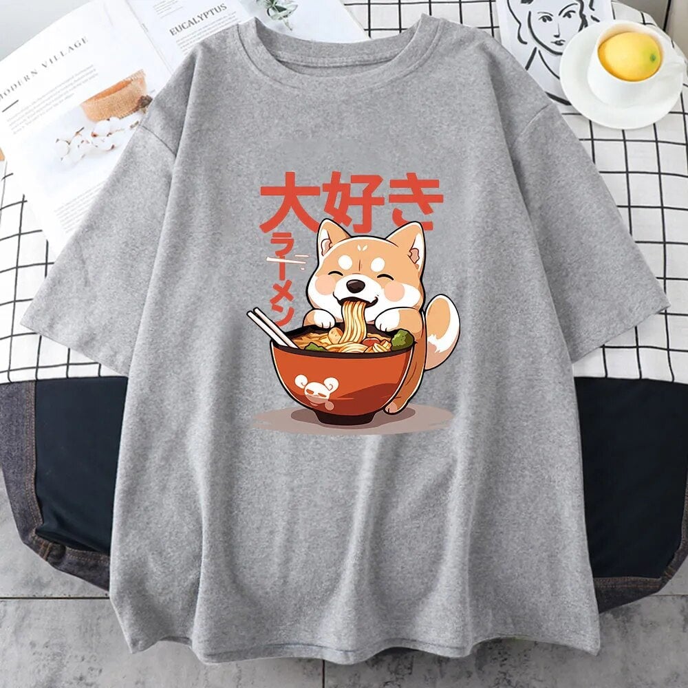 kawaiies-softtoys-plushies-kawaii-plush-Kawaii Shiba Inu Eating Ramen Unisex Tee Apparel Gray XS 