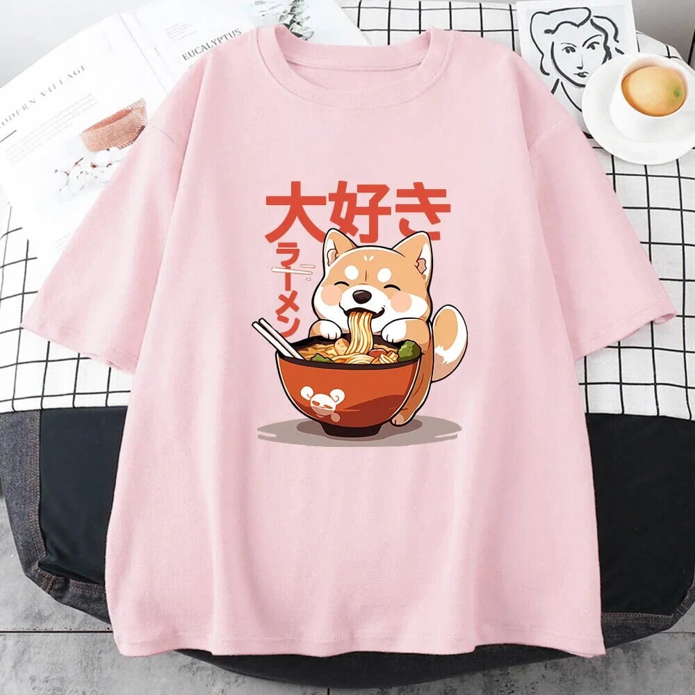 kawaiies-softtoys-plushies-kawaii-plush-Kawaii Shiba Inu Eating Ramen Unisex Tee Apparel Pink XS 