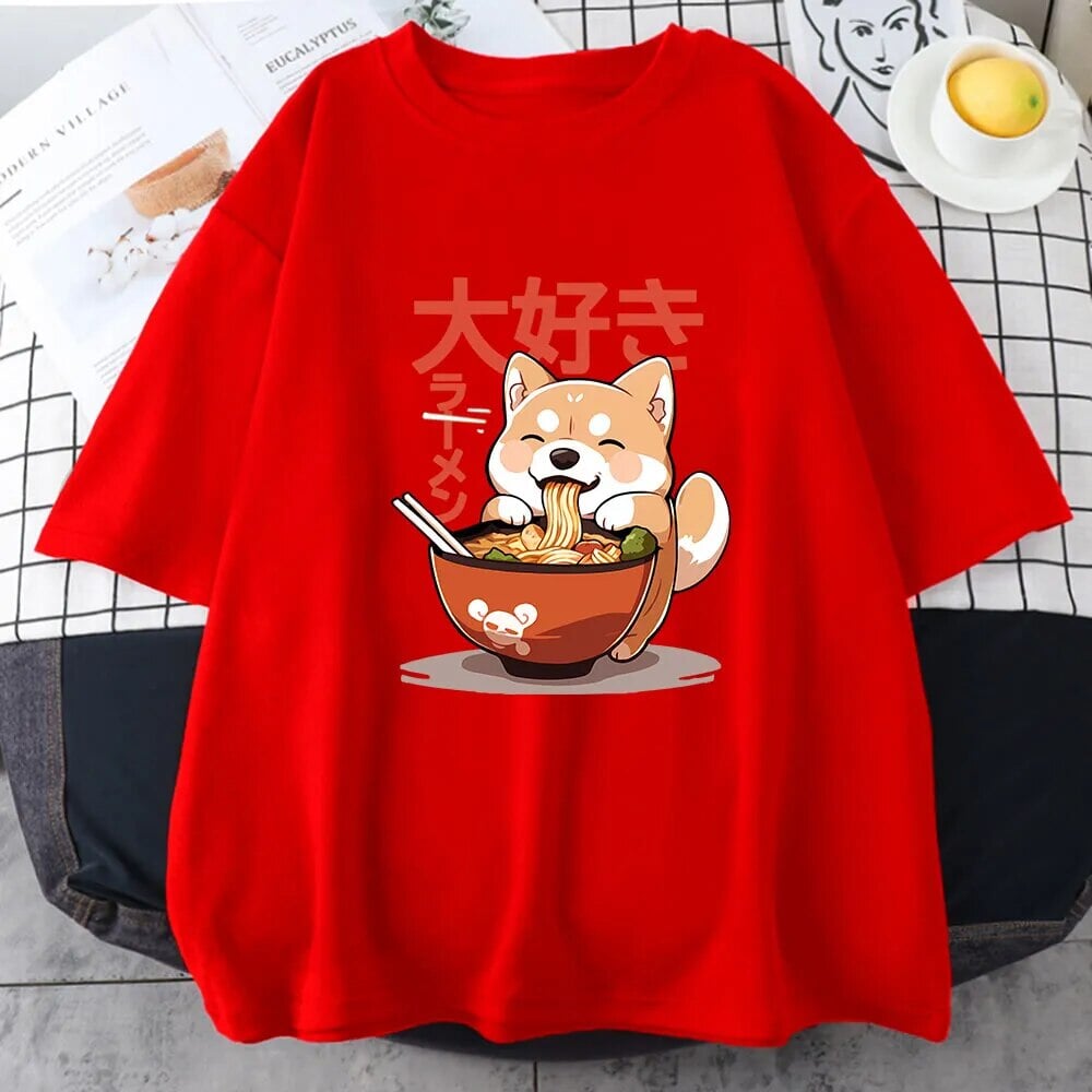 kawaiies-softtoys-plushies-kawaii-plush-Kawaii Shiba Inu Eating Ramen Unisex Tee Apparel Red XS 