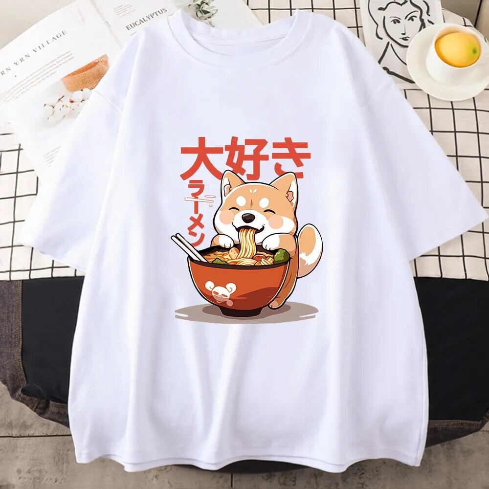 kawaiies-softtoys-plushies-kawaii-plush-Kawaii Shiba Inu Eating Ramen Unisex Tee Apparel White XS 