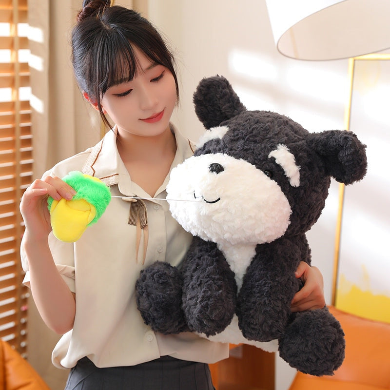 kawaiies-softtoys-plushies-kawaii-plush-Kawaii Sooty the Black Fluffy Dog with Slipper Plushie | NEW Soft toy 