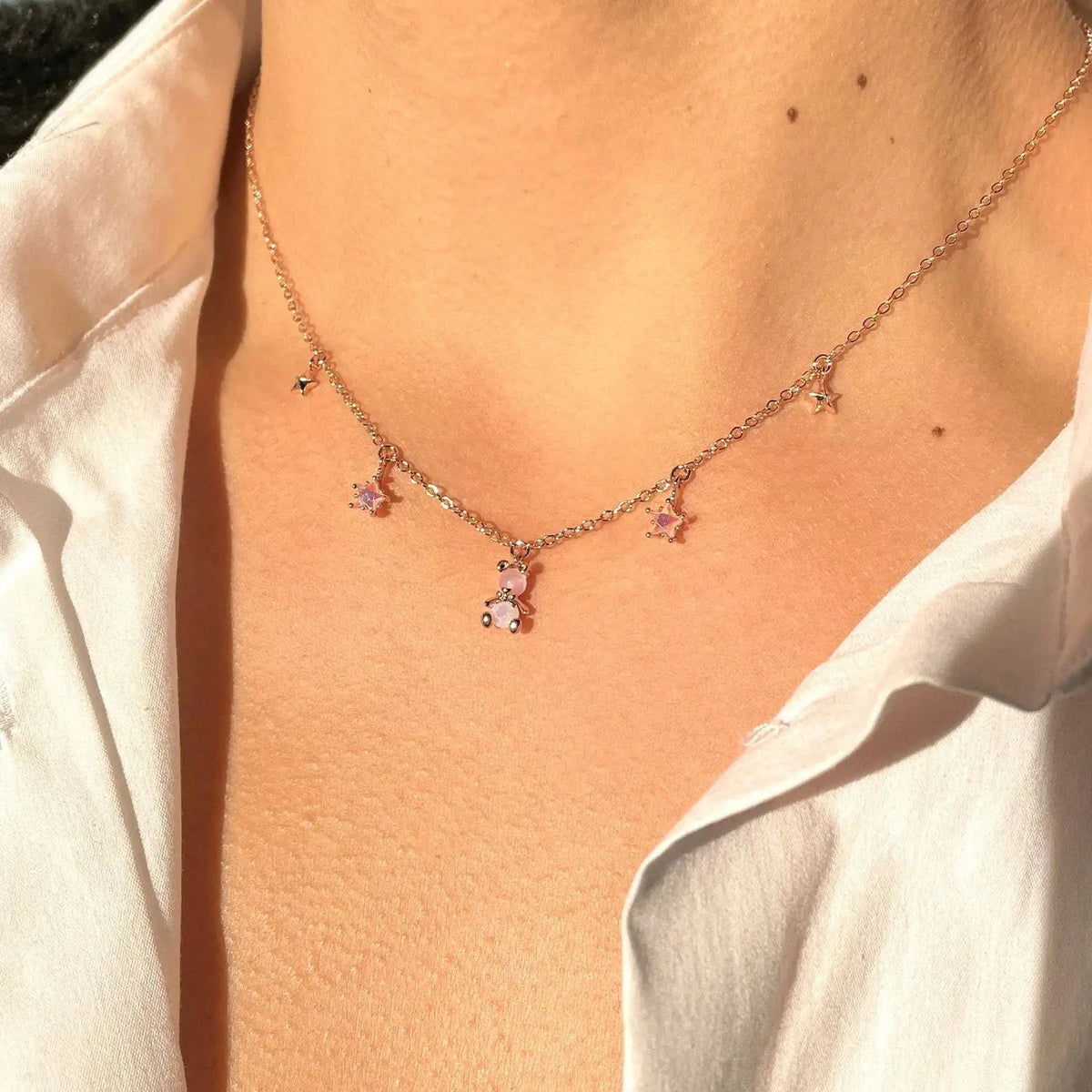 kawaiies-softtoys-plushies-kawaii-plush-Kawaii Starry Bear Pink 18K Gold-Plated Station Necklace Jewelry Gold 