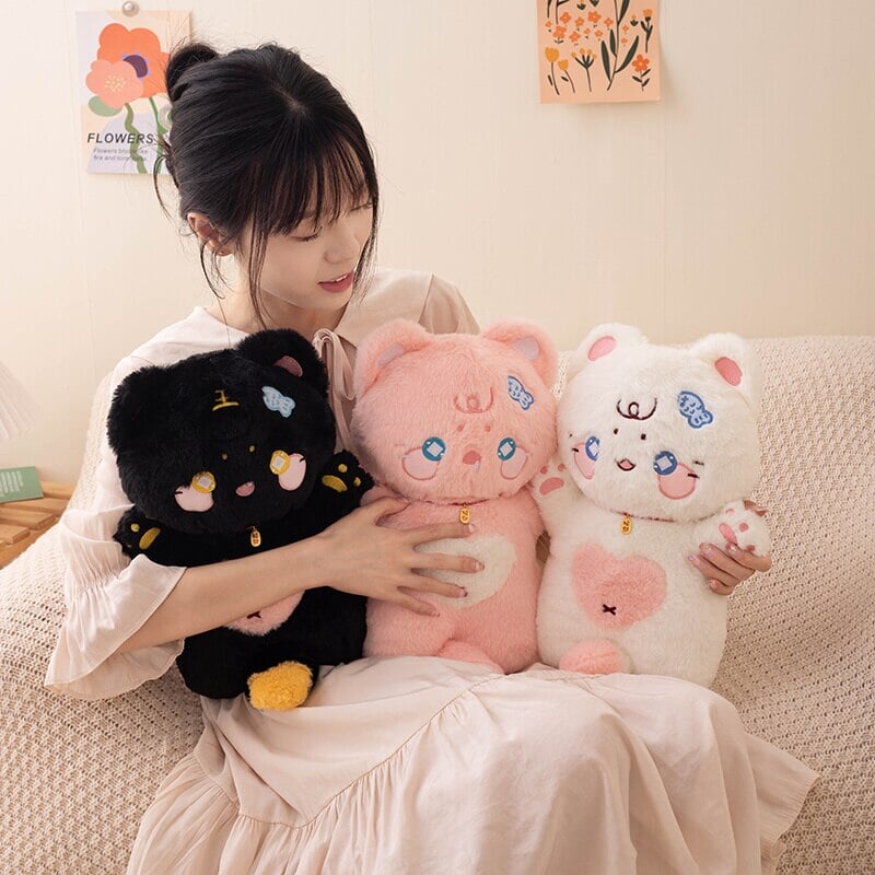 kawaiies-softtoys-plushies-kawaii-plush-. Kawaii Starry Pink White Black Fluffy Cat Plushies Soft toy 