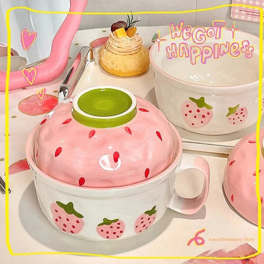 kawaiies-softtoys-plushies-kawaii-plush-Kawaii Strawberry Giant Ceramic Ramen Bowl with Lid (700ML) Home Decor 
