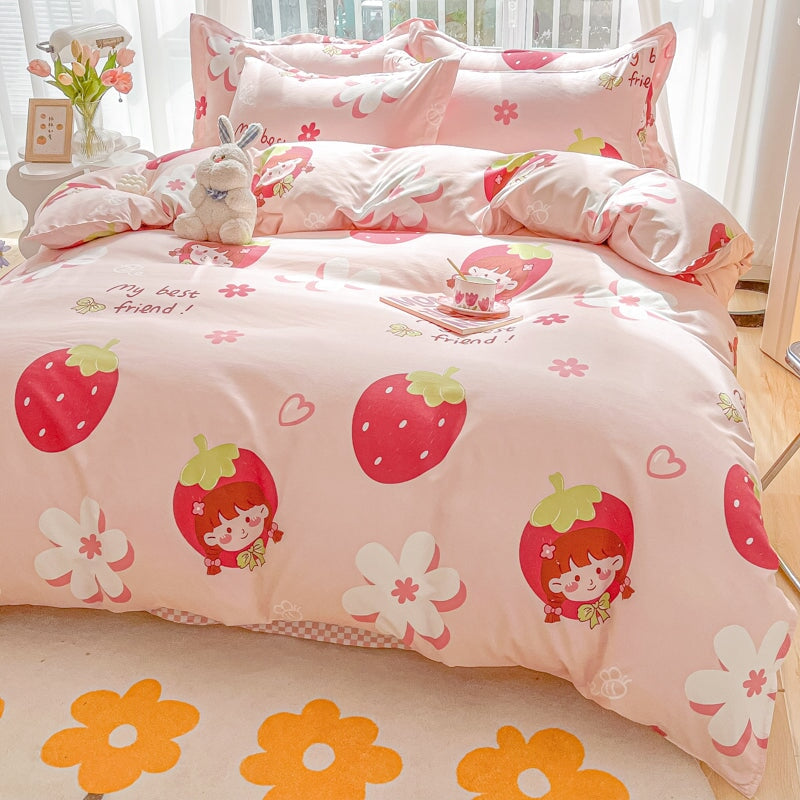 kawaiies-softtoys-plushies-kawaii-plush-Kawaii Strawberry Print 120gsm Polyester Bedding Sets | NEW Bedding Sets 