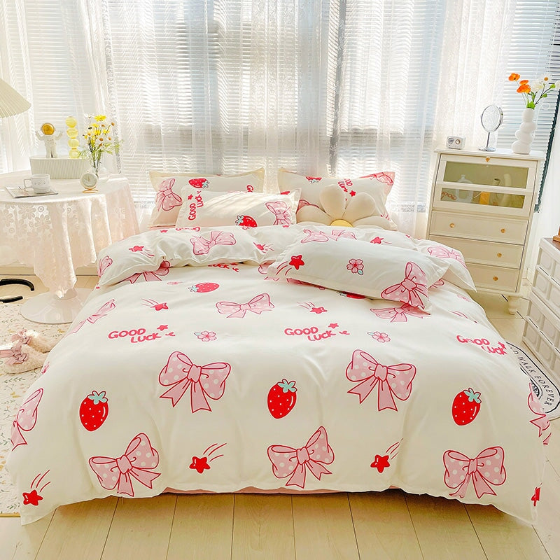 kawaiies-softtoys-plushies-kawaii-plush-Kawaii Strawberry Print 120gsm Polyester Bedding Sets | NEW Bedding Sets Single Bow 