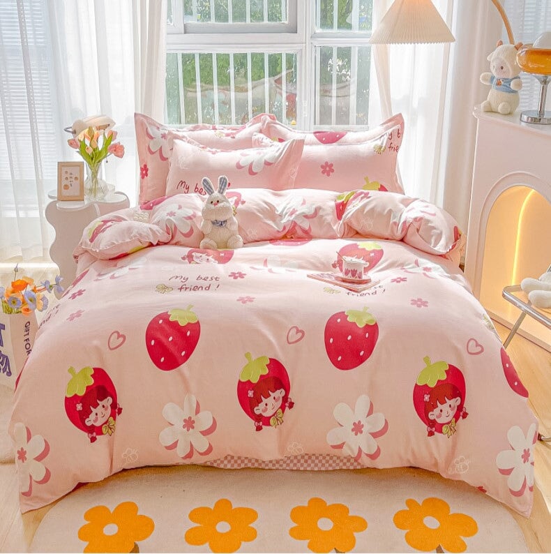 kawaiies-softtoys-plushies-kawaii-plush-Kawaii Strawberry Print 120gsm Polyester Bedding Sets | NEW Bedding Sets Single Flower 