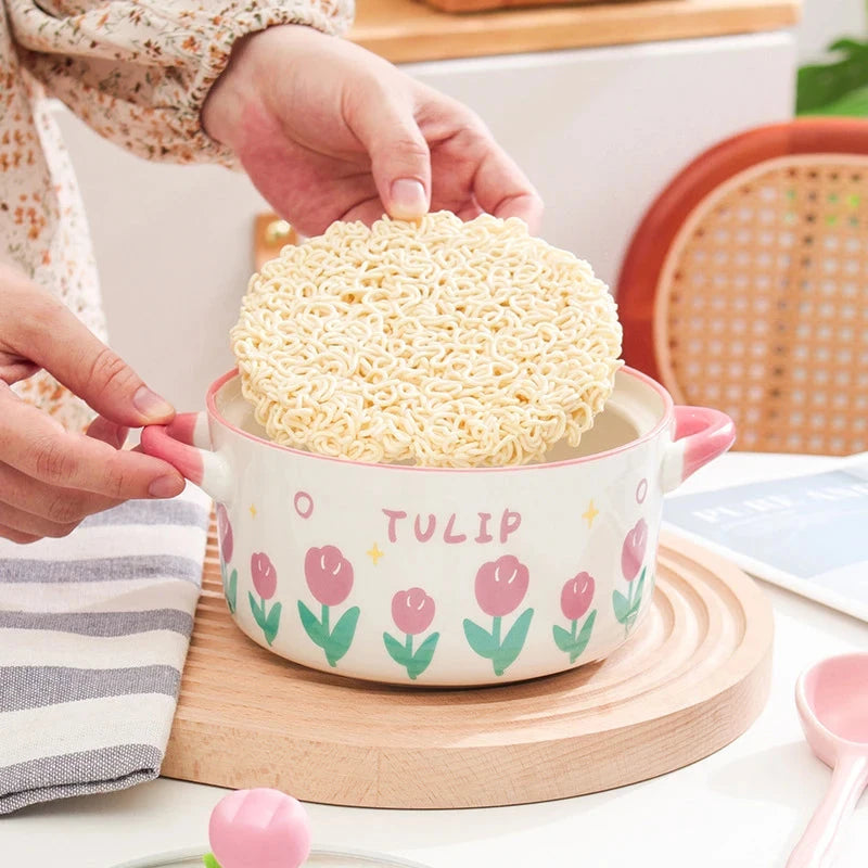 kawaiies-softtoys-plushies-kawaii-plush-Kawaii Tulip Jumbo Ceramic Ramen Bowl with Lid (800ML) Home Decor 