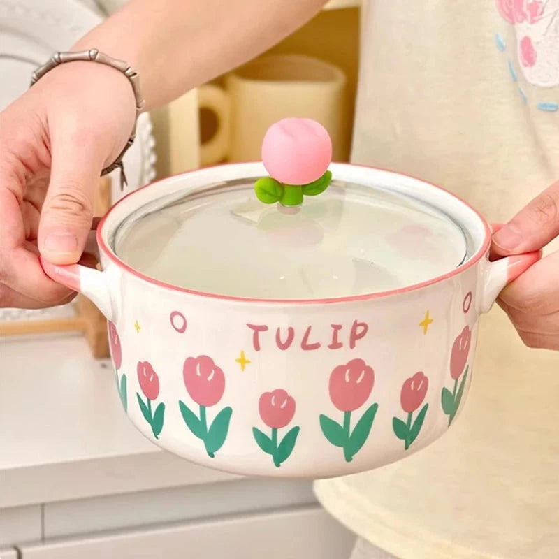 kawaiies-softtoys-plushies-kawaii-plush-Kawaii Tulip Jumbo Ceramic Ramen Bowl with Lid (800ML) Home Decor 