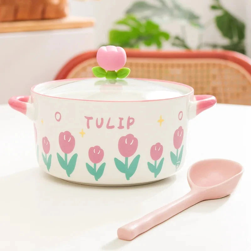 kawaiies-softtoys-plushies-kawaii-plush-Kawaii Tulip Jumbo Ceramic Ramen Bowl with Lid (800ML) Home Decor Pink 