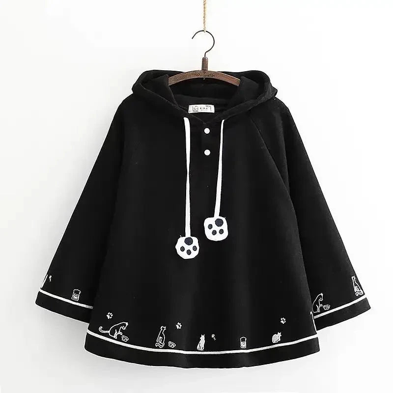 kawaiies-softtoys-plushies-kawaii-plush-Kawaii White Black Hooded Cat Ears Oversized Ponchos Coats Apparel Black Thick S 