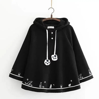 kawaiies-softtoys-plushies-kawaii-plush-Kawaii White Black Hooded Cat Ears Oversized Ponchos Coats Apparel Black Thick S 