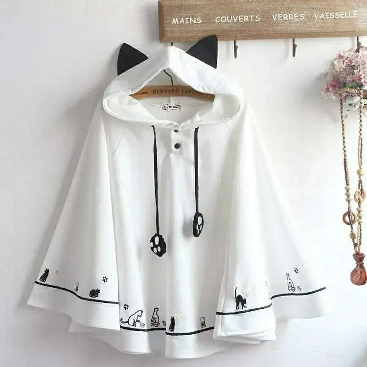 kawaiies-softtoys-plushies-kawaii-plush-Kawaii White Black Hooded Cat Ears Oversized Ponchos Coats Apparel White Normal S 