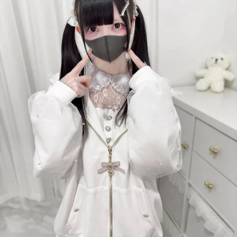 kawaiies-softtoys-plushies-kawaii-plush-Lace Bunny Ears Black White Zip-up Hoodies Apparel 