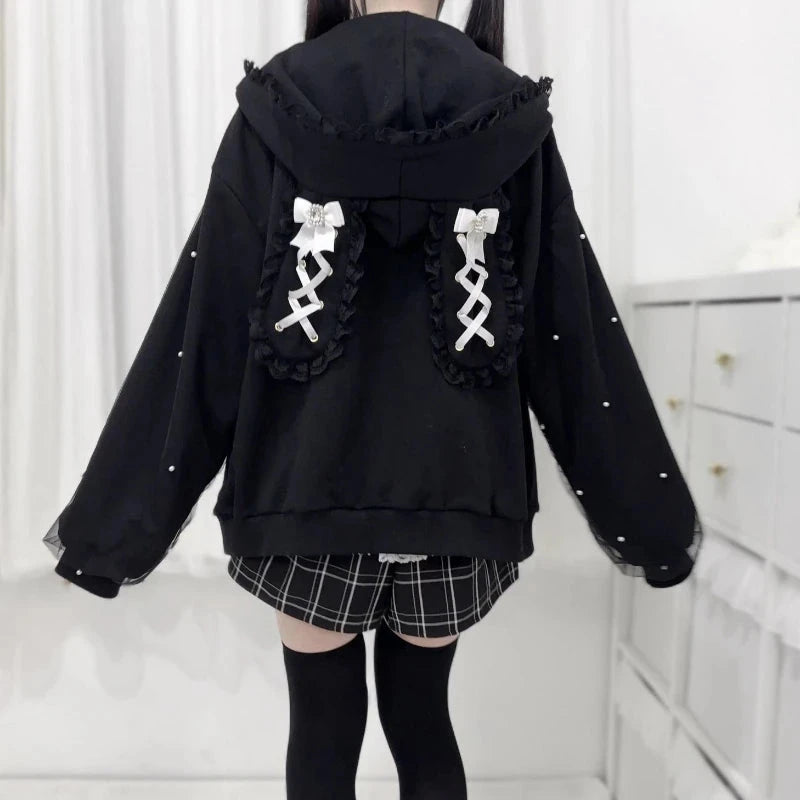 kawaiies-softtoys-plushies-kawaii-plush-Lace Bunny Ears Black White Zip-up Hoodies Apparel 