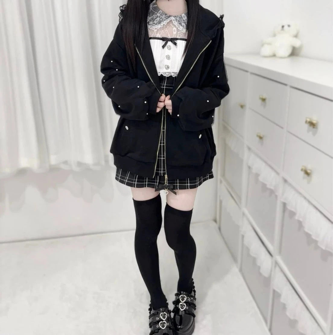 kawaiies-softtoys-plushies-kawaii-plush-Lace Bunny Ears Black White Zip-up Hoodies Apparel 