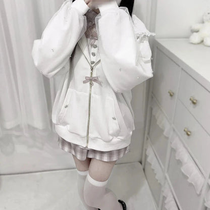 kawaiies-softtoys-plushies-kawaii-plush-Lace Bunny Ears Black White Zip-up Hoodies Apparel 