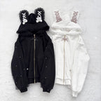 kawaiies-softtoys-plushies-kawaii-plush-Lace Bunny Ears Black White Zip-up Hoodies Apparel 