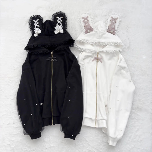 kawaiies-softtoys-plushies-kawaii-plush-Lace Bunny Ears Black White Zip-up Hoodies Apparel 