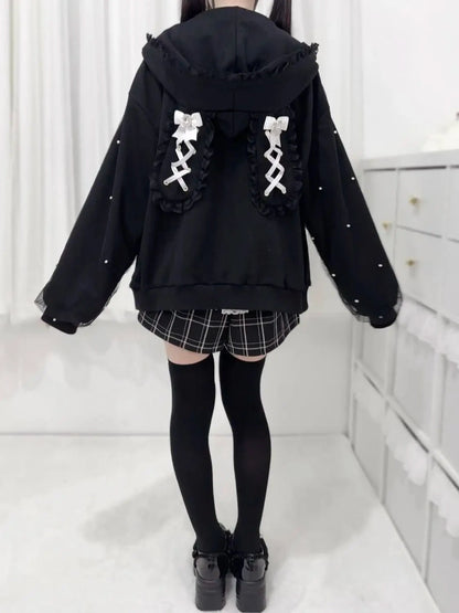 kawaiies-softtoys-plushies-kawaii-plush-Lace Bunny Ears Black White Zip-up Hoodies Apparel 
