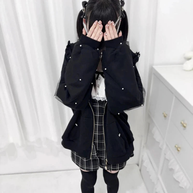 kawaiies-softtoys-plushies-kawaii-plush-Lace Bunny Ears Black White Zip-up Hoodies Apparel 