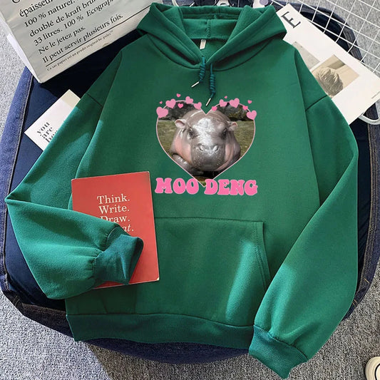kawaiies-softtoys-plushies-kawaii-plush-Love Hearts Moo Deng Hippo Unisex Hoodie Apparel Dark Green XS 
