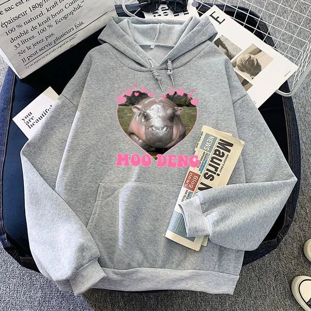 kawaiies-softtoys-plushies-kawaii-plush-Love Hearts Moo Deng Hippo Unisex Hoodie Apparel Gray XS 