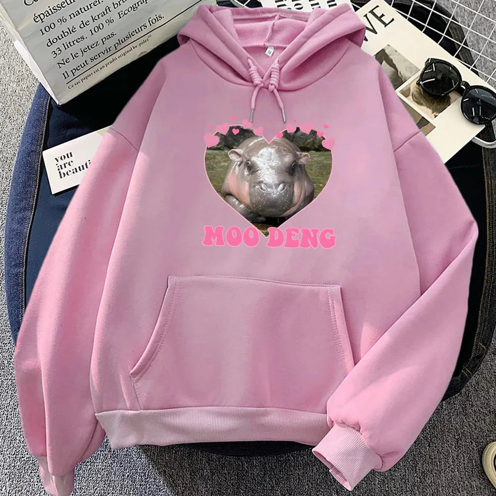 kawaiies-softtoys-plushies-kawaii-plush-Love Hearts Moo Deng Hippo Unisex Hoodie Apparel Pink XS 