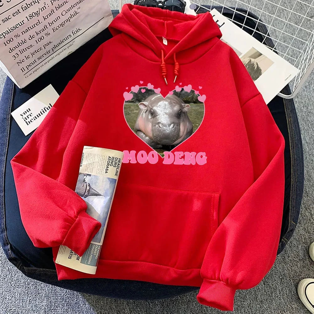 kawaiies-softtoys-plushies-kawaii-plush-Love Hearts Moo Deng Hippo Unisex Hoodie Apparel Red XS 