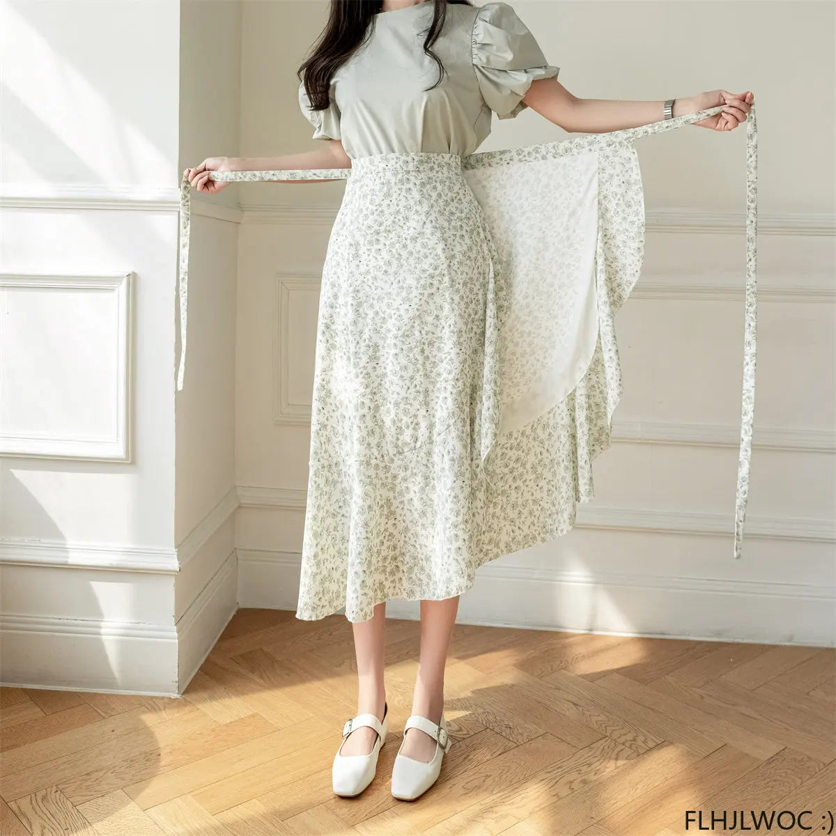 kawaiies-softtoys-plushies-kawaii-plush-Lovely Floral Midi Wrap Skirt Apparel Green Flower 