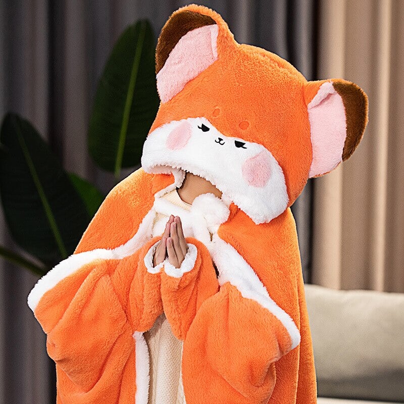 Lovely Orange Fox Plush Cape Hoodie Blanket