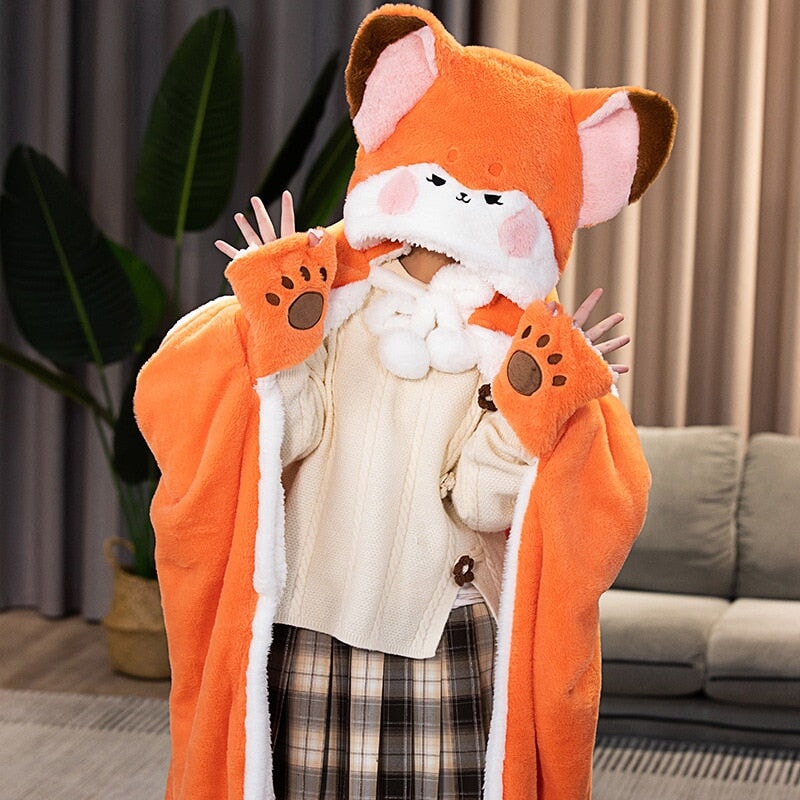 kawaiies-softtoys-plushies-kawaii-plush-Lovely Orange Fox Plush Cape Hoodie Blanket | NEW Apparel Fingerless Gloves (120x160cm) 
