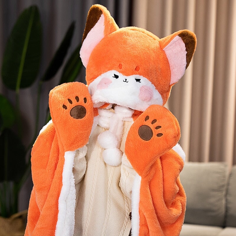 kawaiies-softtoys-plushies-kawaii-plush-Lovely Orange Fox Plush Cape Hoodie Blanket | NEW Apparel Mittens (120x160cm) 