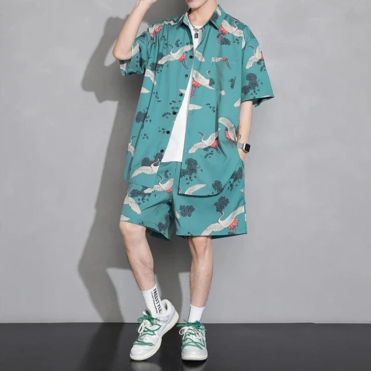 kawaiies-softtoys-plushies-kawaii-plush-Men's Crane Print Shirt & Shorts Short Sleeve Shirt Apparel 