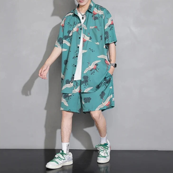 kawaiies-softtoys-plushies-kawaii-plush-Men's Crane Print Shirt & Shorts Short Sleeve Shirt Apparel Green M 