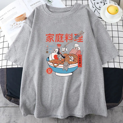 kawaiies-softtoys-plushies-kawaii-plush-Mini Cats Ramen Women's Cotton Tee Apparel Gray XS 