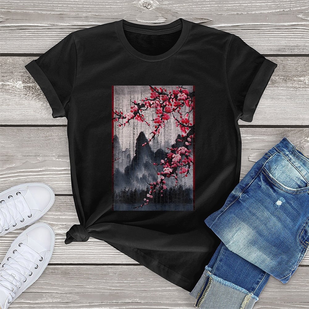 kawaiies-softtoys-plushies-kawaii-plush-Misty mountains with Blushing Cherry Blossom Tee Tops Black XS 