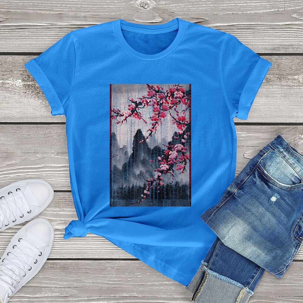 kawaiies-softtoys-plushies-kawaii-plush-Misty mountains with Blushing Cherry Blossom Tee Tops Blue XS 