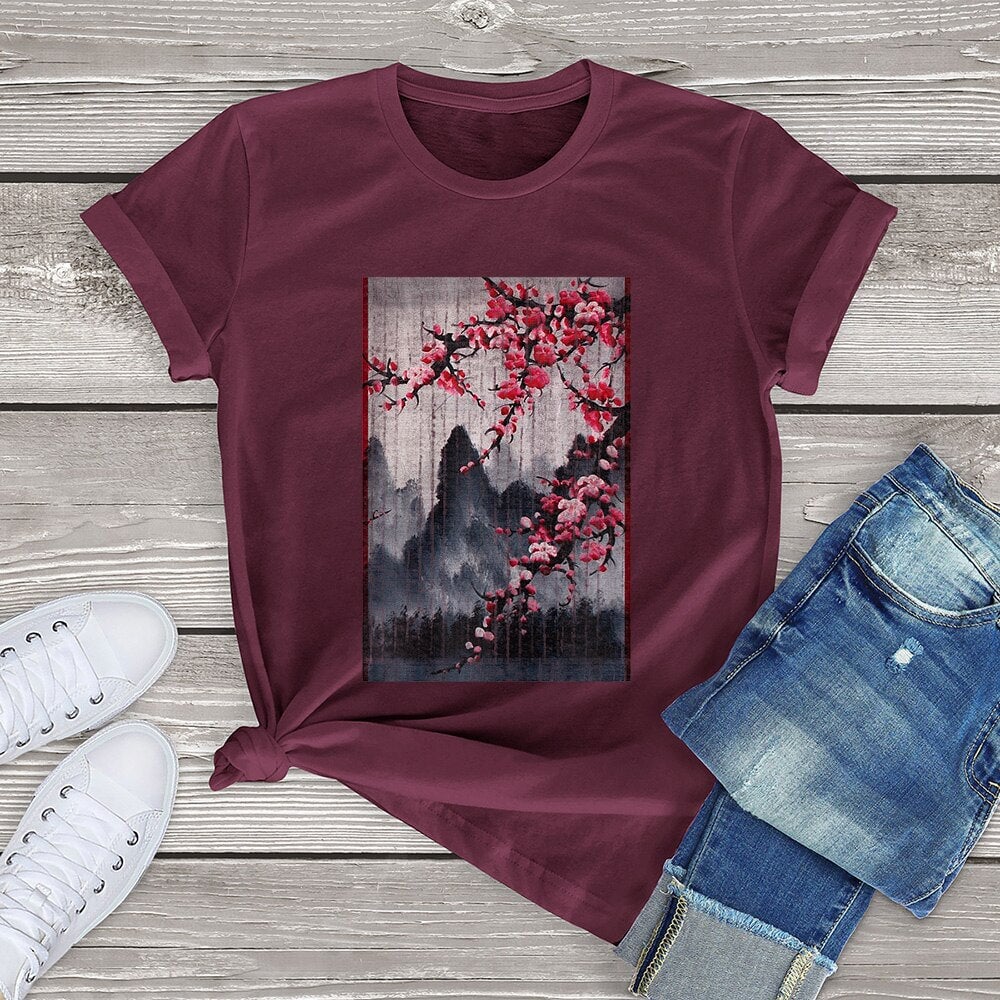 kawaiies-softtoys-plushies-kawaii-plush-Misty mountains with Blushing Cherry Blossom Tee Tops Burgundy XS 