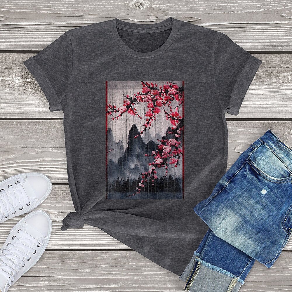 kawaiies-softtoys-plushies-kawaii-plush-Misty mountains with Blushing Cherry Blossom Tee Tops Grey XS 