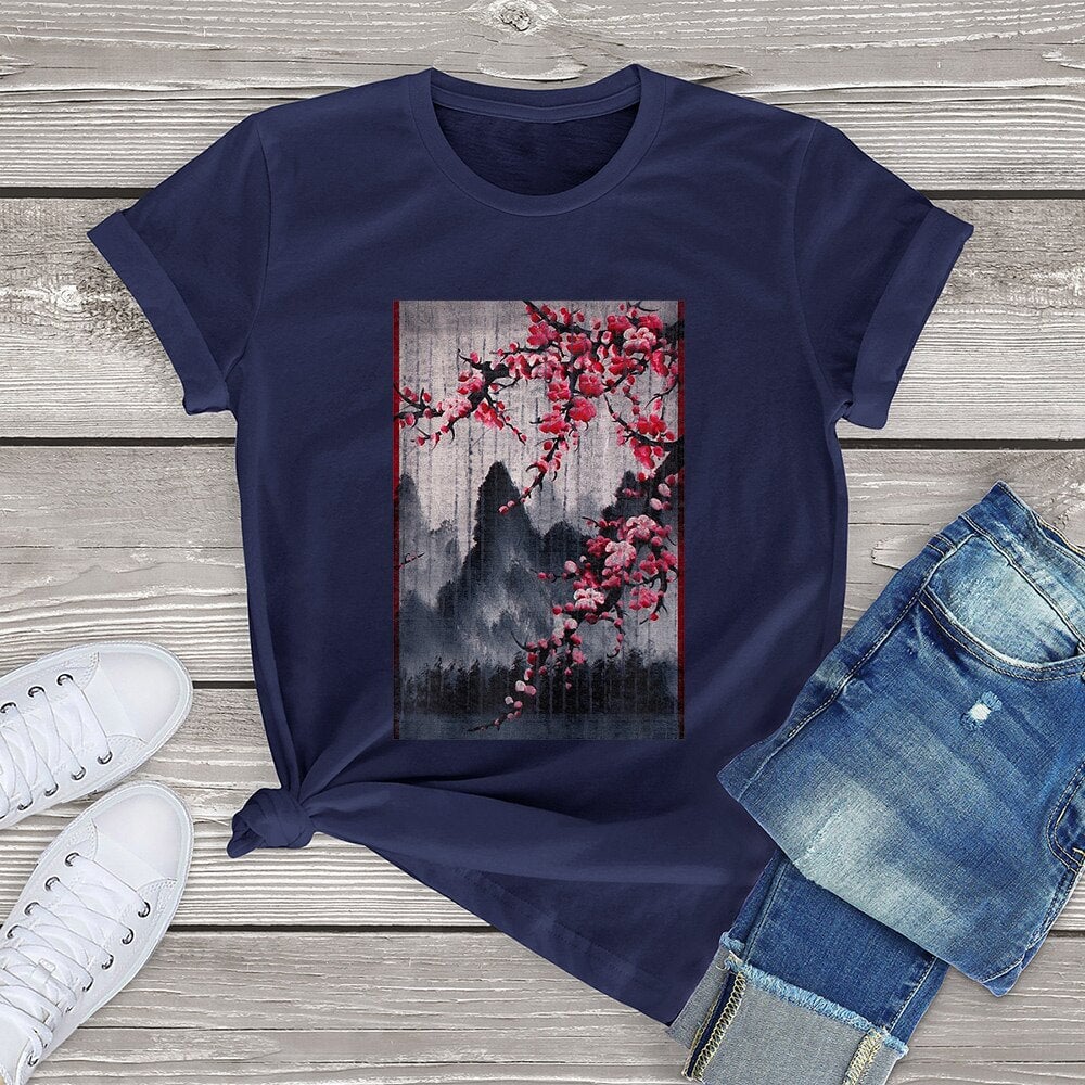 kawaiies-softtoys-plushies-kawaii-plush-Misty mountains with Blushing Cherry Blossom Tee Tops Navy XS 