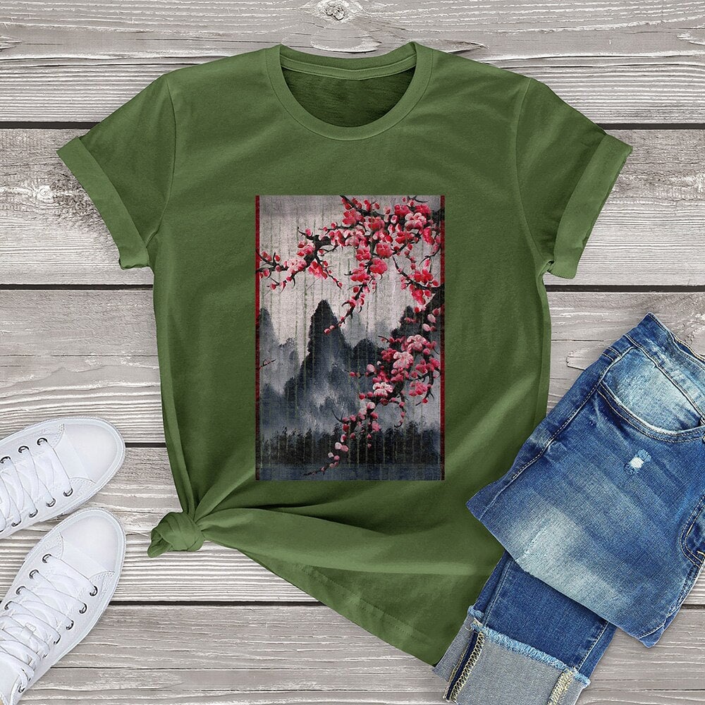 kawaiies-softtoys-plushies-kawaii-plush-Misty mountains with Blushing Cherry Blossom Tee Tops Olive Green XS 