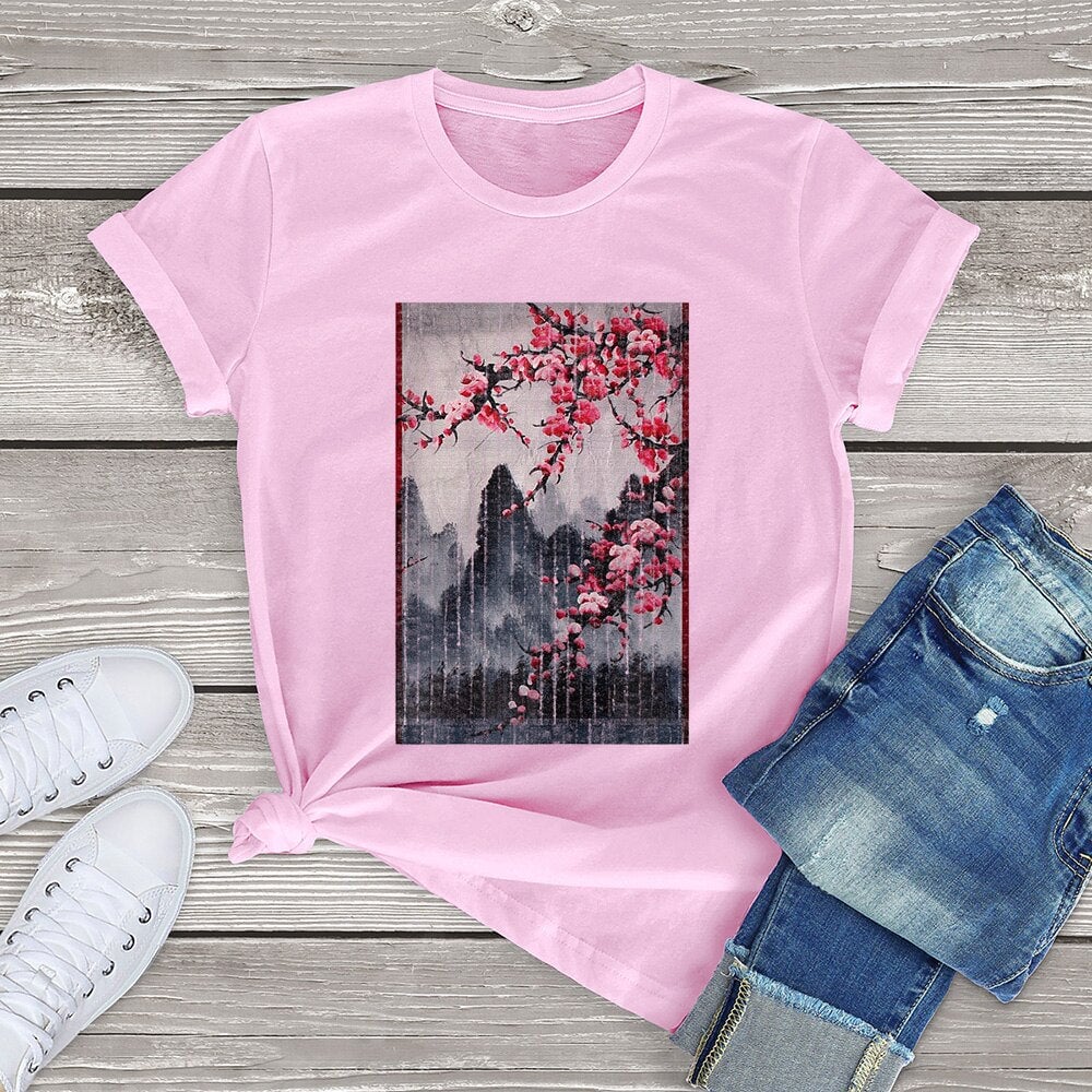 kawaiies-softtoys-plushies-kawaii-plush-Misty mountains with Blushing Cherry Blossom Tee Tops Pink XS 