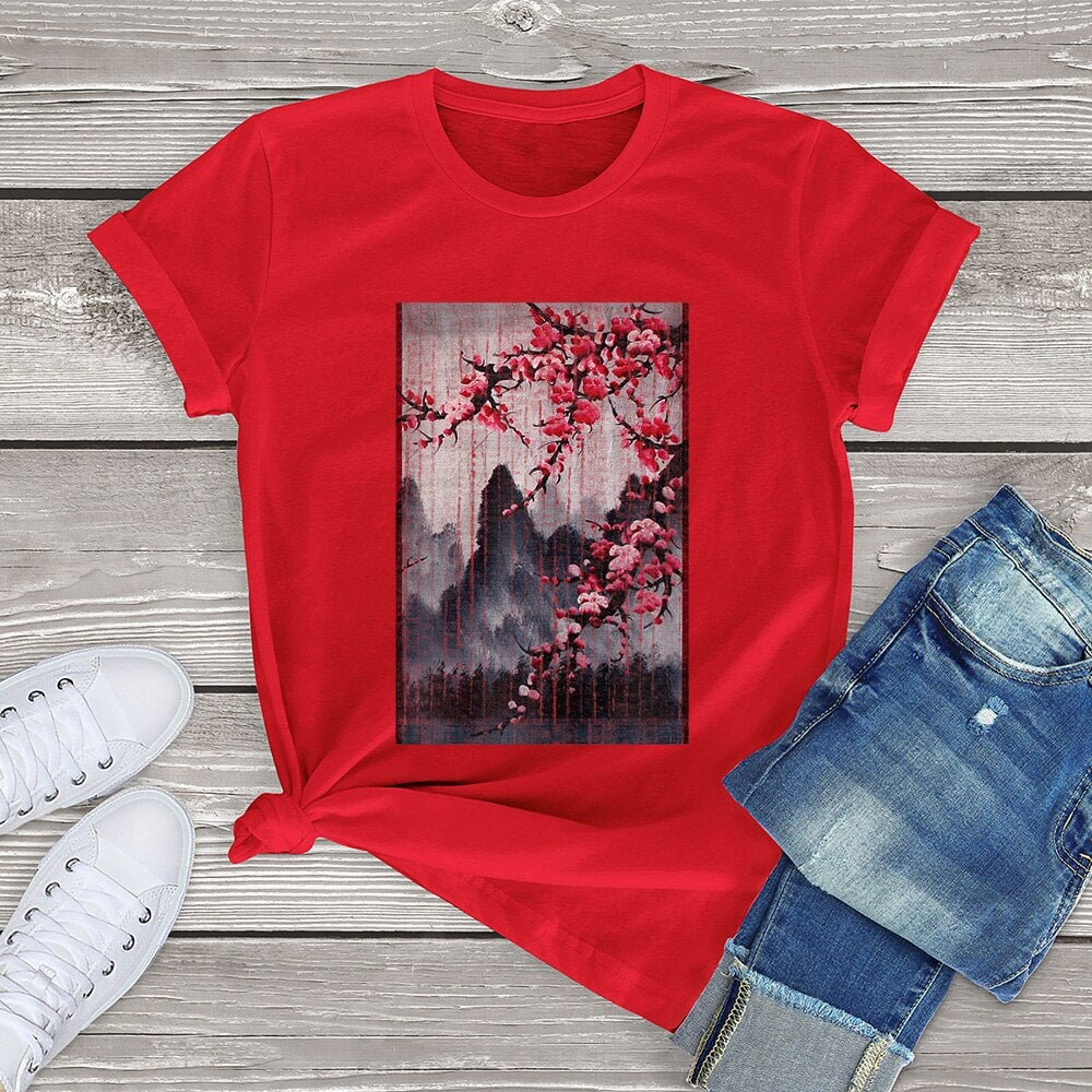 kawaiies-softtoys-plushies-kawaii-plush-Misty mountains with Blushing Cherry Blossom Tee Tops Red XS 